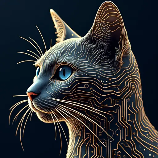 A cat's head integrated with a circuit board design, where its fur is made of intricate wiring and circuits.