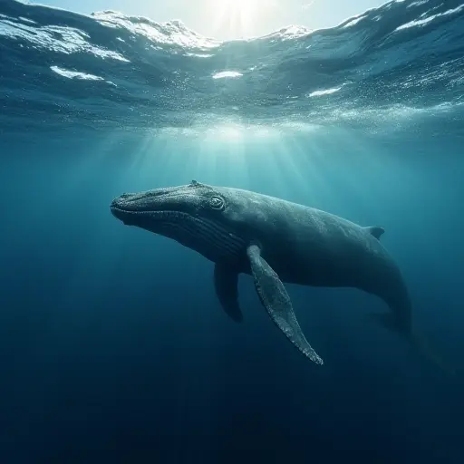 A whale swimming beneath calm ocean waves, its body reflecting the sunlight breaking through the surface.