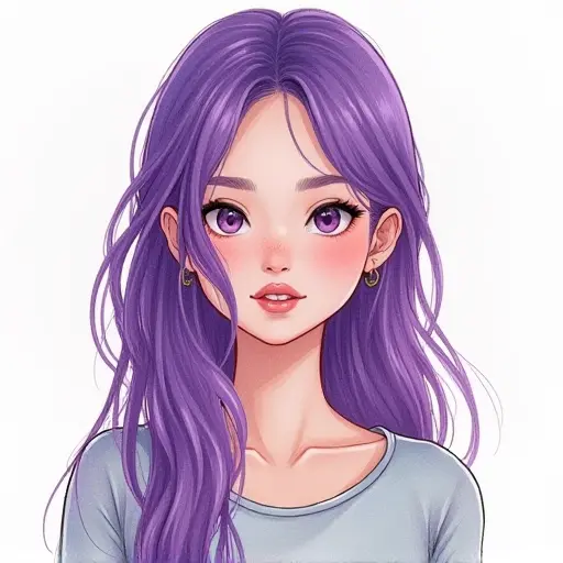 A girl with purple hair, drawn in bold pencil strokes with soft watercolor highlights.