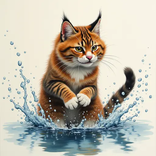 pointillism painting of A norwegian forest cat playfully splashing water with its paws, showing a mischievous expression.