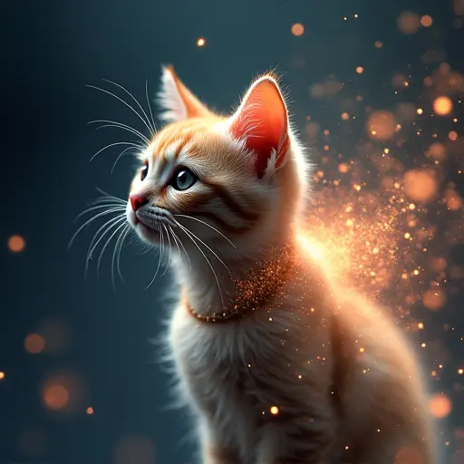 A cat avatar surrounded by shifting quantum particles, appearing to flicker between multiple states and realities.