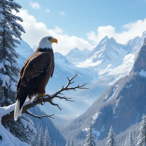 An eagle perched on a snow-covered tree branch, overlooking a valley of glistening white peaks under a clear sky.