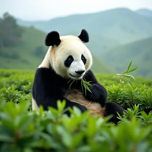 A panda sitting amidst the green tea bushes, nibbling on bamboo leaves, with a soft mist rising from the rolling hills behind it.