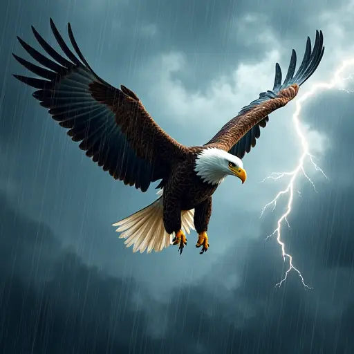 A powerful eagle flying through a raging storm, its wings cutting through rain and lightning in dramatic clouds.