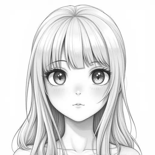 A girl with big, expressive eyes and long hair, sketched with clean pencil lines and light shading.