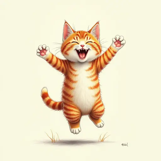 A cat jumping in the sunlight, its wet fur looking particularly joyful, Colored Pencil Drawing.