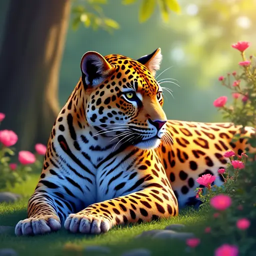 A leopard with colorful, rainbow-like spots, lounging in a sun-dappled glade, surrounded by vibrant foliage and glowing flowers.