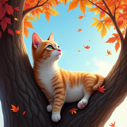 A cat lounging on a tree branch, looking up at the bright blue autumn sky, with colorful leaves gently drifting down from the branches above, forming a blanket of red and yellow leaves on the ground below.