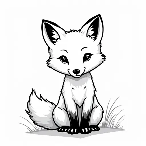 black and white simple line drawing of a baby fox from the front view