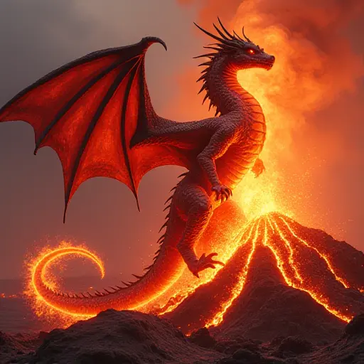 A dragon rising from an erupting volcano, its body made of molten lava, with glowing red and orange tones.