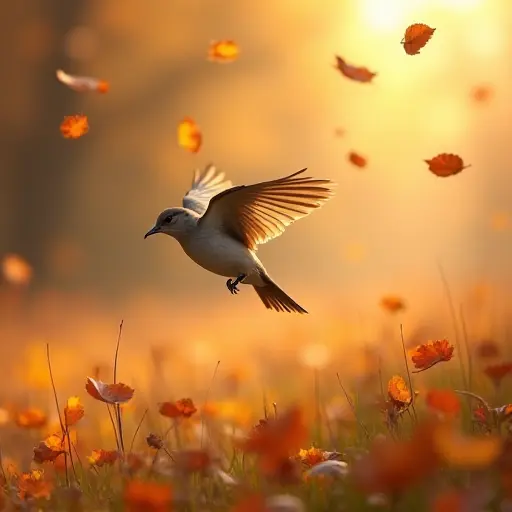 A small bird soaring over an autumn meadow, its wings slicing through the air as golden and red leaves float around it, creating a beautiful fall scene.