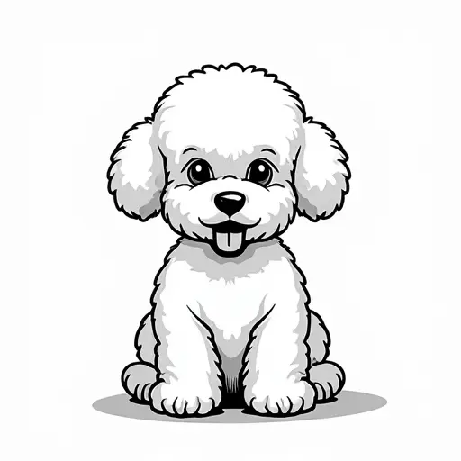 black and white simple line drawing of a bichon frise from the front view