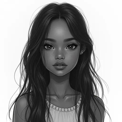 A girl with dark skin and long hair, drawn with soft lines and gentle pencil shading.