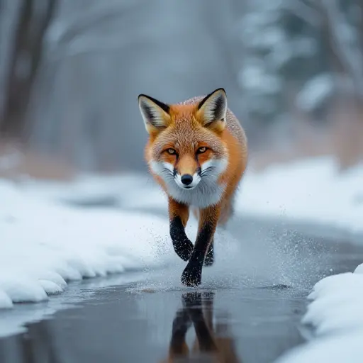 A fox running along a frozen river, its breath visible in the icy air, surrounded by frost-covered trees.