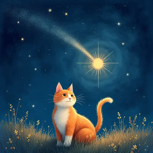 A cat under a shooting star, drawn with glowing lines and soft starry watercolor effects.