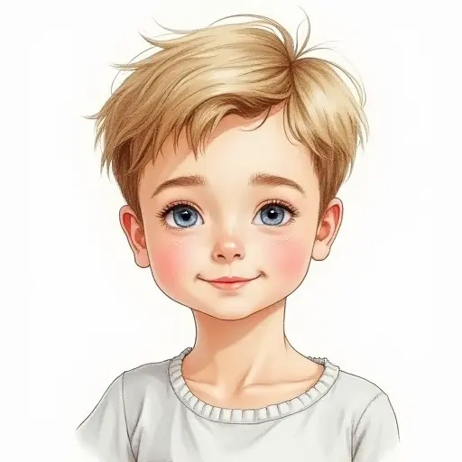 A fair-skinned boy with short hair, sketched in fine pencil lines with soft watercolor accents.