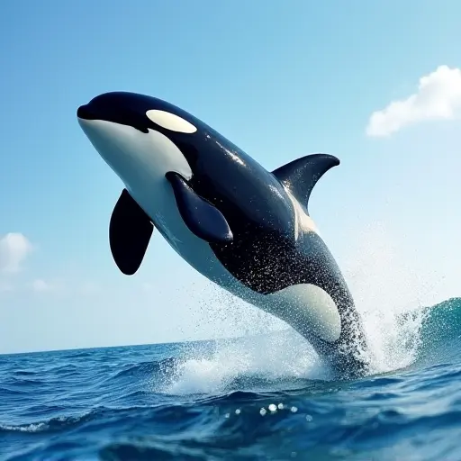 Playful orca whale with black and white markings, jumping in the ocean waves.