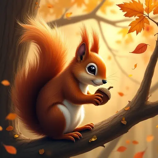 A squirrel holding a small acorn, perched on a tree branch, surrounded by swirling autumn leaves as the wind sweeps through the forest.