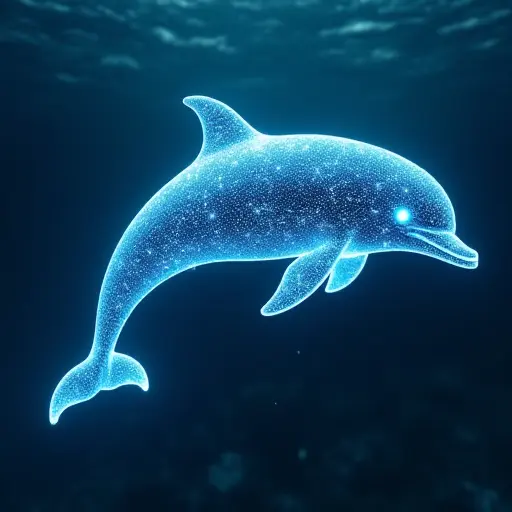 A dolphin avatar swimming through a digital ocean, with its body made of glowing circuitry and flowing light patterns.