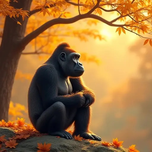 A gentle gorilla sitting on a rock surrounded by fallen autumn leaves, gazing at the golden trees above, with a calm autumn breeze blowing through the leaves.