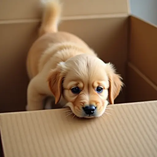 hd photo of The small Golden Retriever dives headfirst into the box, its tail swishing gently as it explores the surroundings.