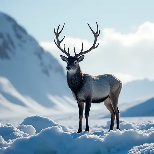 A deer with icy antlers standing on a glacier, surrounded by snowfields and shimmering under the polar light.