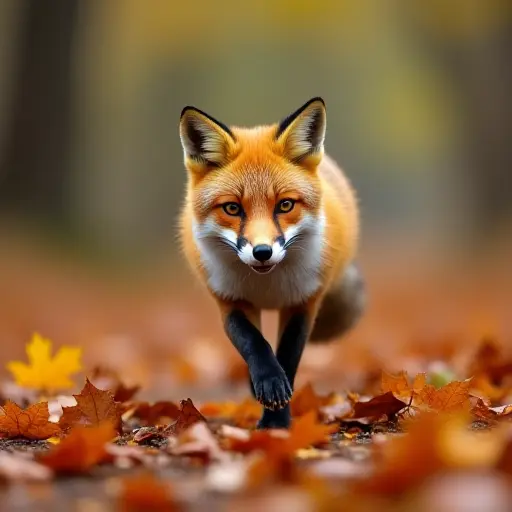 A fox dancing gracefully across the forest floor, leaping over piles of colorful autumn leaves, its fur blending with the autumn hues as the leaves swirl around.