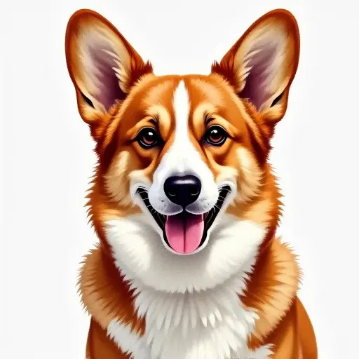 pointillism painting of a corgi from the front view