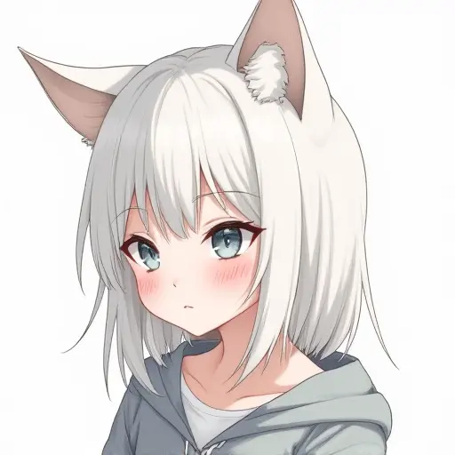 A girl with white hair and cat ears, drawn in delicate pencil strokes with soft watercolor highlights.