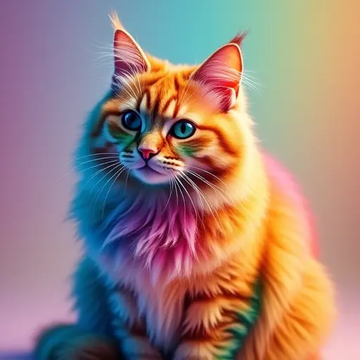 A cat with fur made from a gradient of rainbow colors, blending seamlessly into a bright, cheerful pattern.