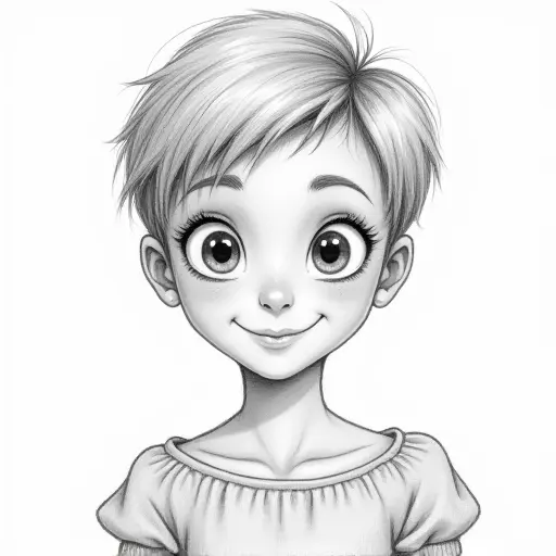 A girl with a pixie cut, drawn in soft pencil with light shading and an expressive smile.