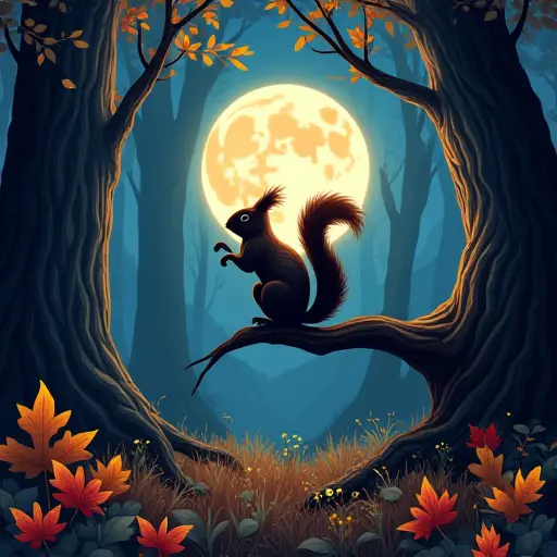 A squirrel sitting on a tree branch in a forest under the glow of a full moon, with the forest floor blanketed by colorful autumn leaves glowing in the moonlight.