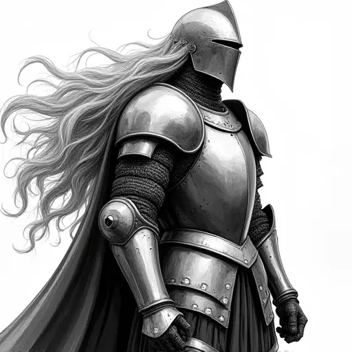 A knight with long flowing hair, drawn with bold ink lines and soft shading for a heroic look.