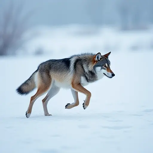 A wolf running across an icy tundra, its fur blending into the snow, leaving only paw prints behind.