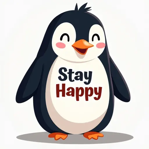 penguin, T-shirt, slogan Stay Happy, cartoon style