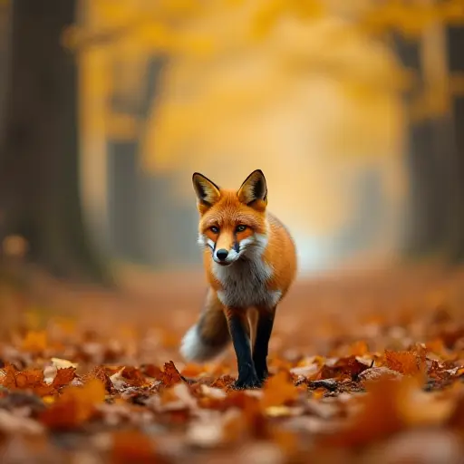 A fox walking through a quiet autumn forest, its bright red fur contrasting with the yellow and orange leaves falling gently around it in the cool air.