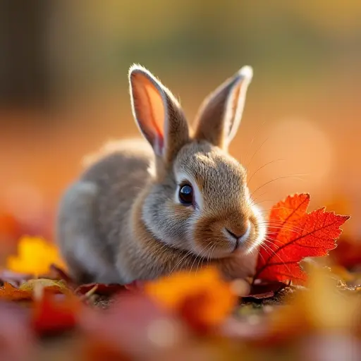 A tiny rabbit resting on a pile of colorful autumn leaves, its fur blending in with the shades of red, yellow, and orange leaves, a soft breeze causing the leaves to swirl around it.