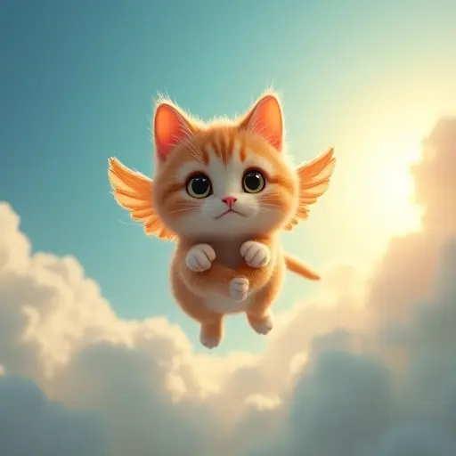 Cat with tiny wings, flying through a sky filled with clouds and a sunny background.