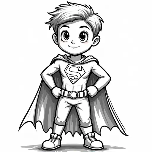 A boy dressed as a superhero, drawn with bold lines and strong shading to emphasize the costume.