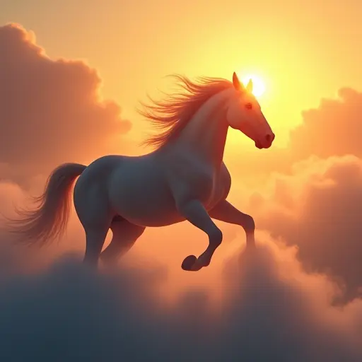 A horse galloping through clouds, its mane flowing like wisps of vapor under a glowing sunset.