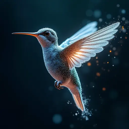 A hummingbird avatar formed by floating nano-particles, constantly shifting and morphing with the digital world.