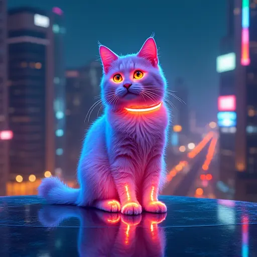 A cat with fur glowing in shifting neon colors, sitting elegantly on a reflective glass platform in a futuristic cityscape at night.