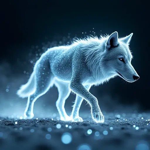 A wolf rendered in virtual reality, with its body composed of floating digital particles and light trails. The wolf moves seamlessly through a simulated environment, its presence leaving behind traces of light and energy.