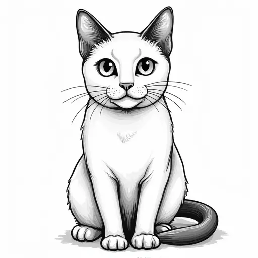 clean black and white hand-drawn outlines of a siamese cat from the front view