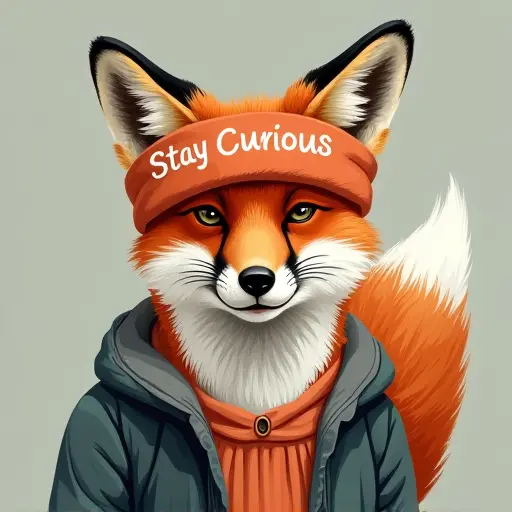 fox, headband, slogan Stay Curious, inquisitive style