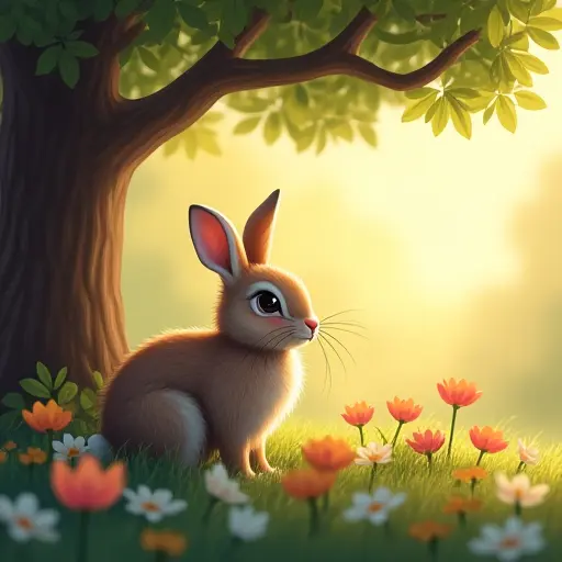 A rabbit sitting under a tree with its shadow cast over a bed of blooming flowers in the soft evening light.