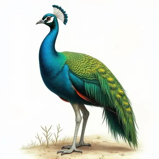 colored pencil drawing style of Green Peafowl