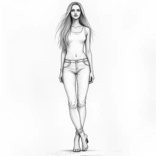 A tall woman with long hair and a calm expression, sketched in minimalist lines with soft pencil shading.