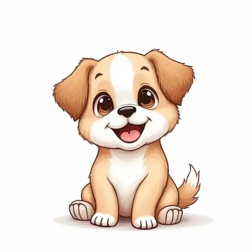 A small dog with a happy expression, drawn in a cute, cartoonish style with soft pencil strokes.