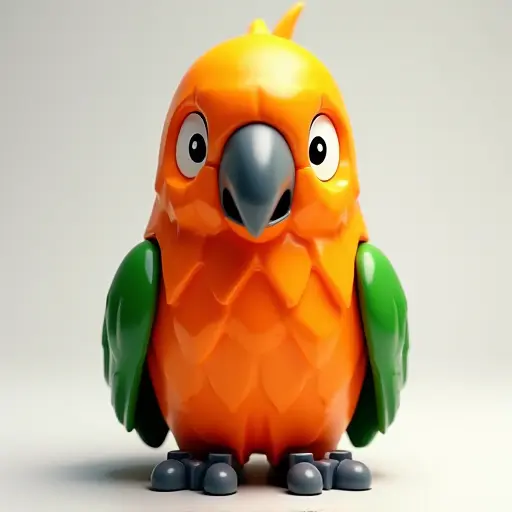 LEGO style of a orange-cheeked parrot from the front view